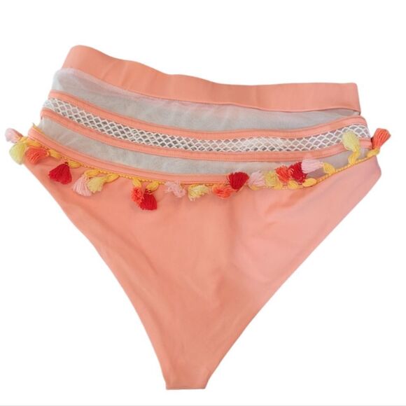 Tularosa Peach Mesh Panel Tassel High Waisted Bikini Set Size S/M - Picture 3 of 6